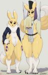  absurd_res anthro blue_eyes blush canid digimon digimon_(species) digital_media_(artwork) doggomeatball duo female female/female fur hair hi_res mammal renamon simple_background taomon yellow_body yellow_fur 