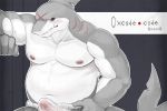  2017 8haon8 anthro asian_clothing belly blush bulge clothing east_asian_clothing erection erection_under_clothing fish fundoshi genitals humanoid_hands humanoid_penis japanese_clothing kemono male marine moobs navel nipples overweight overweight_male penis scar shark solo text underwear 
