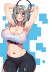  1girl armpits arms_up bangs bare_shoulders black_pants blush breasts cleavage closed_mouth collarbone commentary_request contrapposto cowboy_shot drooling dumbbell eyelashes girls_frontline gonster grey_eyes grey_hair hair_between_eyes hairband highres holding holding_ring jewelry k3_(girls_frontline) large_breasts long_hair looking_at_viewer medium_hair navel pants ring ring-con shiny shiny_skin short_eyebrows sidelocks smile solo sports_bra standing stomach thigh_strap tight toned white_hairband yoga_pants 