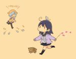  2girls ahoge animal apron bandana bangs black_legwear blue_hair blush boar breasts chinese_zodiac eyebrows_visible_through_hair hair_ornament hair_over_one_eye hamakaze_(kantai_collection) kantai_collection long_hair long_sleeves mouse multiple_girls new_year open_mouth otoufu pantyhose sailor_collar school_uniform serafuku short_sleeves silver_hair ushio_(kantai_collection) year_of_the_pig year_of_the_rat yellow_apron 