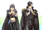  1boy 1girl armor armored_dress black_hair black_legwear black_skirt blue_eyes blue_hair blush_stickers breasts byleth_(fire_emblem) byleth_(fire_emblem)_(female) cloak cowboy_shot dagger detached_collar fire_emblem fire_emblem:_three_houses general_orumutsu gloves hair_over_one_eye holster hubert_von_vestra index_finger_raised koi_dance long_hair long_sleeves looking_at_another looking_at_viewer medium_breasts medium_hair midriff miniskirt navel open_mouth pantyhose short_hair skirt smile thigh_holster uniform vambraces weapon white_gloves 