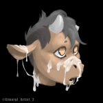  1:1 2019 ambiguous_gender bodily_fluids bovid bovine cattle cum cum_on_ear cum_on_face digital_media_(artwork) fur genital_fluids hair horn mammal manitka_(character) messy open_mouth simargl_artist simple_background solo 