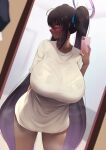  1girl alternate_breast_size bangs black_hair blue_archive blush breasts cellphone collarbone dark-skinned_female dark_skin dearonnus gigantic_breasts halo highres karin_(blue_archive) long_hair looking_at_viewer phone shirt short_sleeves solo thighs twintails white_shirt yellow_eyes 
