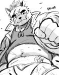  2020 8haon8 anthro belly blush bodily_fluids canid canine canis clothing cute_fangs domestic_dog humanoid_hands kemono male mammal navel overweight overweight_male shirt solo sumo sweat tokyo_afterschool_summoners topwear video_games yasuyori 