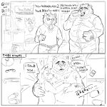  1:1 2018 anthro bed belly bottomwear burrnie canid canine canis clothing comic cuddling detailed_background duo english_text eyewear food furniture glasses hi_res hug humanoid_hands male male/male mammal overweight overweight_male pants shirt text topwear ursid wolf 