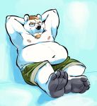  2019 anthro belly black_nose bottomwear burrnie clothing eyewear fur glasses hi_res male mammal moobs navel nipples overweight overweight_male polar_bear shorts sitting solo ursid ursine white_body white_fur 