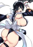  1girl ass black_hair black_sleeves blue_eyes breasts commentary_request covered_nipples detached_sleeves from_behind huge_breasts iroha_(samurai_spirits) looking_at_viewer looking_back maid_headdress negresco open_mouth samurai_spirits short_hair sideboob simple_background smile solo thigh_strap thighs white_background 