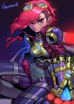  1girl belt belt_buckle brown_belt buckle car closed_mouth eyebrows_visible_through_hair eyes_visible_through_hair gauntlets goggles goggles_on_head ground_vehicle hair_over_one_eye highres jacket league_of_legends long_hair motor_vehicle pink_hair pink_lips police_car purple_eyes purple_jacket sitting solo sparrowl steampunk vehicle vi_(league_of_legends) 