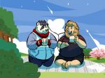  2019 anthro bottomwear burrnie clothing detailed_background duo eyes_closed food fur giant_panda hi_res hoodie male mammal outside overweight overweight_male pants shirt shorts sitting topwear ursid white_body white_fur 