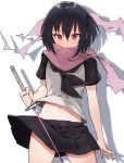  1girl black_hair black_skirt blush hair_between_eyes holding holding_weapon kasuka_(kusuki) katana looking_at_viewer midriff navel ninja_slayer pink_eyes pink_scarf pleated_skirt scarf shadow short_hair short_sleeves simple_background skirt solo sword weapon white_background yamoto_koki 