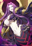  1girl bangs breasts bustier claws cleavage fate/grand_order fate_(series) forehead gorgon_(fate) highres large_breasts long_hair looking_at_viewer monster_girl navel open_mouth pale_skin parted_bangs purple_eyes purple_hair rider scales slit_pupils smile snake_tail solo tail very_long_hair wings zeroshiki_kouichi 