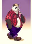  2018 anthro belly black_body black_fur bottomwear burrnie clothing fur giant_panda hi_res humanoid_hands male mammal overweight overweight_male pants shirt simple_background solo topwear ursid white_body white_fur 