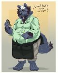  2018 anthro belly bottomwear burrnie canid canine canis clothing english_text humanoid_hands male mammal overweight overweight_male pants shirt solo text topwear wolf 