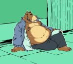  2018 anthro beard belly book bottomwear brown_body brown_fur burrnie clothed clothing facial_hair fur male mammal moobs navel nipples open_shirt overweight overweight_male pants shirt sitting solo topwear ursid 