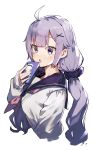  1girl :o ahoge azur_lane blush cellphone eyebrows_visible_through_hair hair_ornament hair_scrunchie highres holding holding_cellphone holding_phone kasuka_(kusuki) long_hair looking_at_viewer low_twintails open_mouth phone purple_eyes purple_hair purple_sailor_collar purple_scrunchie red_neckwear sailor_collar school_uniform scrunchie serafuku simple_background solo twintails unicorn_(amusement_park_date)_(azur_lane) unicorn_(azur_lane) upper_body white_background x_hair_ornament 