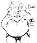  2019 anthro belly bulge burrnie clothing felid hi_res humanoid_hands jockstrap lion male mammal moobs navel nipples one_eye_closed overweight overweight_male pantherine simple_background solo text underwear white_background wink 