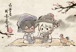  2boys arjuna_(fate/grand_order) bird black_hair blanket bottle chibi chick chicken cup dark_skin dark_skinned_male fate/grand_order fate_(series) hanbok highres karna_(fate) korean_clothes korean_traditional_hat male_focus multiple_boys parody sakazuki sake_bottle style_parody table uuruung white_hair 