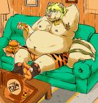  2018 absurd_res anthro belly bottomwear bulge burger burrnie clothing detailed_background eating food furniture hi_res humanoid_hands male mammal mephitid moobs navel nipples overweight overweight_male pizza shorts sitting skunk sofa solo 