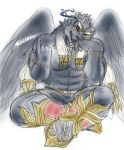  black_body black_feathers black_fur black_nose bottomwear clothed clothing feathered_wings feathers felid fur irura0323 male mammal muscular muscular_male pantherine sketch solo tezcatlipoca tokyo_afterschool_summoners topless video_games wings 