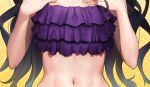  1girl black_hair curly_hair flat_chest girls_frontline greem_bang highres long_hair midriff navel purple_bikini_top solo star starry_background stomach very_long_hair yellow_background 