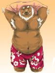  2018 anthro belly brown_body brown_fur burrnie clothing eyes_closed fur hi_res male mammal moobs navel nipples overweight overweight_male shirt solo suid suina sus_(pig) swimwear topwear undressing wild_boar 