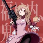  1girl 547th_sy apron background_text bangs beans black_legwear blush braid breasts brown_eyes cloud cloud_hair_ornament cloud_print eyebrows_visible_through_hair gradient_hair gun hair_ornament highres holding holding_gun holding_weapon kantai_collection light_brown_hair long_hair long_sleeves masu medium_breasts minegumo_(kantai_collection) multicolored_hair pantyhose pink_apron red_background red_sweater setsubun solo sweater turtleneck turtleneck_sweater twin_braids weapon 