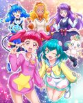  5girls :d ;d amamiya_erena animal_ears aqua_eyes aqua_hair black_footwear blonde_hair blue_cat blue_eyes blue_gloves blue_hair blue_hairband bow cat_ears cat_tail choker dark_skin dress fuwa_(precure) gloves hagoromo_lala hair_bow hairband hanzou highres holding_hands hoshina_hikaru jacket kaguya_madoka long_hair long_sleeves looking_at_viewer mole mole_under_eye multicolored_hair multiple_girls one_eye_closed open_mouth pink_eyes pink_hair pink_jacket pointy_ears precure prunce_(precure) purple_choker purple_eyes purple_hair red_bow red_hairband short_hair smile solo star star-shaped_pupils star_twinkle_precure streaked_hair striped symbol-shaped_pupils tail twintails v vertical-striped_dress vertical_stripes white_footwear yellow_eyes yuni_(precure) 