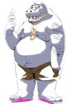  2018 absurd_res anthro belly bottomwear burrnie clothing common_hippopotamus eyes_closed eyewear footwear glasses hi_res hippopotamid humanoid_hands male mammal moobs navel nipples sandals shorts simple_background solo white_background 