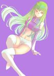  1girl bangs breasts c.c. closed_mouth code_geass crop_top detached_sleeves eyebrows_visible_through_hair floating_hair green_hair jj_(ssspulse) long_hair long_sleeves looking_at_viewer medium_breasts midriff navel purple_background purple_sleeves shiny shiny_hair short_shorts shorts simple_background sitting smile solo stomach thighhighs very_long_hair white_legwear white_shorts yellow_eyes zettai_ryouiki 