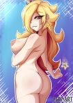  1girl absurdres ass biting blonde_hair blue_eyes breast_hold breasts crown dark_nipples earrings falco_jett from_behind hair_over_one_eye highres jewelry large_breasts lip_biting looking_back looking_down mario_(series) nipples nude rosalina signature solo standing star star_earrings super_mario_galaxy thighs wand 