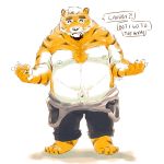  1:1 2018 absurd_res anthro belly bottomwear burrnie cigarette clothing english_text felid hi_res humanoid_hands male mammal moobs navel nipples overweight overweight_male pantherine pants simple_background smoking solo text tiger white_background 