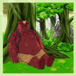  1:1 2018 absurd_res anthro belly bottomwear burrnie clothed clothing detailed_background eyes_closed fur hi_res humanoid_hands male mammal moobs navel nipples open_shirt outside overweight overweight_male red_body red_fur shirt shorts sitting solo topwear ursid 