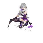 1girl bangs black_footwear black_gloves boots clenched_teeth contender_(girls_frontline) cross-laced_footwear elbow_gloves full_body girls_frontline gloves grey_hair gun hair_between_eyes handgun holding holding_gun holding_weapon looking_to_the_side multicolored_hair nishihara_isao official_art parted_lips pistol purple_gloves purple_hair purple_shorts shell_casing short_hair short_shorts shorts sidelocks smoke solo squatting streaked_hair teeth thigh_boots thighhighs thompson/center_contender torn_boots torn_clothes torn_gloves transparent_background trigger_discipline tsurime watermark weapon web_address white_legwear 