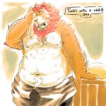  1:1 2018 anthro belly burrnie english_text eyes_closed felid hi_res humanoid_hands lion male mammal moobs navel nipples overweight overweight_male pantherine solo text towel 