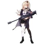  1girl badge bandaged_leg bandages bangs black_legwear black_shorts blonde_hair blush boots breasts choker coat collarbone copyright_name dog_tags earrings eyebrows_visible_through_hair floating_hair full_body girls_frontline gun hair_ornament hair_ribbon hairclip hand_up holding holding_gun holding_weapon jewelry long_hair long_sleeves looking_at_viewer medium_breasts official_art open_clothes open_coat pantyhose ponytail purple_coat ribbon rifle rt-20 rt-20_(girls_frontline) shirt short_shorts shorts sidelocks single_leg_pantyhose sniper_rifle solo standing strap transparent_background trigger_discipline watermark weapon web_address white_shirt xiao_qiang_sang yellow_eyes zipper 