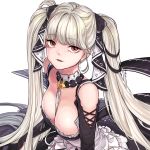  1girl azur_lane bangs bare_shoulders between_breasts black_dress blush breasts cleavage commentary dress eyebrows_visible_through_hair formidable_(azur_lane) frilled_dress frills hair_ribbon head_tilt highres jewelry large_breasts long_hair long_sleeves looking_at_viewer open_mouth platinum_blonde_hair red_eyes ribbon simple_background smile solo sun_miru twintails very_long_hair white_background 