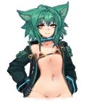  1girl :3 ahoge animal_ears bangs barbariank bikini_top black_gloves blush bottomless commentary english_commentary eyebrows_visible_through_hair eyes_visible_through_hair flat_chest gloves green_hair gremlin_(monster_girl_encyclopedia) groin hair_between_eyes hands_on_hips jacket looking_at_viewer medium_hair monster_girl_encyclopedia navel open_clothes open_jacket out-of-frame_censoring simple_background sketch smile solo white_background yellow_eyes 
