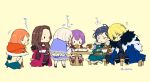  2boys 4girls annette_fantine_dominic armor bernadetta_von_varley black_hair blonde_hair blue_cape blush_stickers brown_gloves brown_hair cape capelet chair chibi closed_eyes closed_mouth cookie cup dimitri_alexandre_blaiddyd dorothea_arnault dress eating eyepatch felix_hugo_fraldarius fire_emblem fire_emblem:_three_houses food from_behind from_side fur_trim gloves guttary hair_ornament holding holding_cup long_hair long_sleeves lysithea_von_ordelia multiple_boys multiple_girls open_mouth orange_hair purple_hair short_hair simple_background sitting sleeping smile table teacup twitter_username 