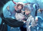  1boy 1girl age_switch blue_eyes blue_hair blurry blush brown_hair bubble child depth_of_field dress facial_mark fate/extra fate/extra_ccc fate_(series) feathers forehead_mark glasses hans_christian_andersen_(fate) highres horns ink_pen labcoat mermaid monster_girl older sesshouin_kiara topless underwater uuruung veil yellow_eyes younger 