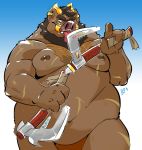  2019 anthro belly brown_body brown_fur burrnie fur hi_res humanoid_hands licking male mammal moobs navel nipples overweight overweight_male solo suid suina sus_(pig) tongue tongue_out weapon wild_boar 