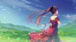  1girl bare_shoulders black_bow bow breasts brown_hair cloud cloudy_sky collar commentary_request dress floating_hair grass hair_bow hand_on_own_chest landscape long_hair looking_away mountainous_horizon original ponytail red_dress red_eyes sky small_breasts solo tenmaso wind 