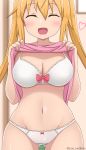  1girl absurdres artist_name blonde_hair blush bra breasts cleavage closed_eyes dragon_girl dragon_tail eyebrows_visible_through_hair fang groin heart highres kobayashi-san_chi_no_maidragon large_breasts long_hair navel open_mouth panties pink_shirt poa_mellhen shiny shiny_hair shirt shirt_lift smile solo standing tail tooru_(maidragon) twintails underwear white_bra white_panties 