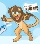  2020 anthro aviivix blue_background brown_body brown_fur brown_hair denial equid equine felid fur hair horse lion male mammal my_little_pony open_mouth pantherine pony saberspark saberspark_(character) simple_background speech_bubble 