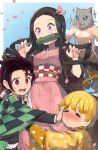  1girl 3boys agatsuma_zenitsu bamboo bit_gag black_hair boar_mask breasts checkered_obi chibi fingernails forehead gag haori hashibira_inosuke highres japanese_clothes kamado_nezuko kamado_tanjirou kimetsu_no_yaiba kimono long_hair magister_(medical_whiskey) male_focus multicolored_hair multiple_boys orange_hair pink_eyes pink_kimono pink_ribbon purple_eyes purple_hair ribbon scar sharp_fingernails small_breasts sweatdrop two-tone_hair watermark 