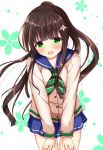  1girl blue_skirt blush brown_hair clockwork_rabbit eyebrows_visible_through_hair flower gochuumon_wa_usagi_desu_ka? green_eyes hair_flower hair_ornament hairclip hands_on_own_thighs kedama_(kedama_akaza) long_hair long_sleeves looking_at_viewer open_mouth ponytail sailor_collar school_uniform serafuku skirt smile solo ujimatsu_chiya very_long_hair 