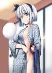  1girl bangs black_hairband blurry blurry_background breasts collarbone commentary_request cowboy_shot eyebrows_visible_through_hair frown green_eyes groin hair_between_eyes hairband highres hitodama indoors konpaku_youmu konpaku_youmu_(ghost) long_sleeves looking_at_viewer no_bra no_panties nori_tamago open_clothes open_robe robe sash short_hair silver_hair small_breasts solo sweat touhou wide_sleeves 