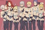  2girls 5boys adjusting_hair airgetlam_(fate) artoria_pendragon_(all) artoria_pendragon_(lancer) artoria_pendragon_(lancer_alter) artoria_pendragon_(lancer_alter)_(cosplay) bedivere blonde_hair breasts closed_eyes collar cosplay covering covering_chest covering_crotch crossdressing crown fate/grand_order fate_(series) garter_belt garter_straps gawain_(fate/extra) highres knights_of_the_round_table_(fate) lace lace-trimmed_legwear lancelot_(fate/grand_order) lingerie mordred_(fate) mordred_(fate)_(all) multiple_boys multiple_girls purple_hair red_hair revealing_clothes royal_icing see-through smug thighhighs tristan_(fate/grand_order) underwear uuruung white_hair 