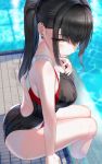  1girl ass black_hair black_swimsuit breasts commentary_request competition_swimsuit earrings feet_out_of_frame hand_on_own_chest highres jewelry kfr large_breasts long_hair one-piece_swimsuit original poolside soaking_feet solo swimsuit water wet wet_clothes wet_swimsuit yellow_eyes 