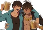  2boys ahoge ahoge_wag arash_(fate) arm_around_waist bare_chest beer_mug black_hair blushed brown_hair cup dark_skin dark_skinned_male drunk expressive_hair fate/grand_order fate/prototype fate/prototype:_fragments_of_blue_and_silver fate_(series) highres hood hoodie male_focus mug multiple_boys open_clothes open_shirt ozymandias_(fate) trembling uuruung 