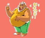  2019 anthro bottomwear brown_body brown_fur burrnie clothing fur hi_res holidays humanoid_hands male mammal new_year overweight overweight_male pants shirt simple_background solo suid suina sus_(pig) text topwear wild_boar 